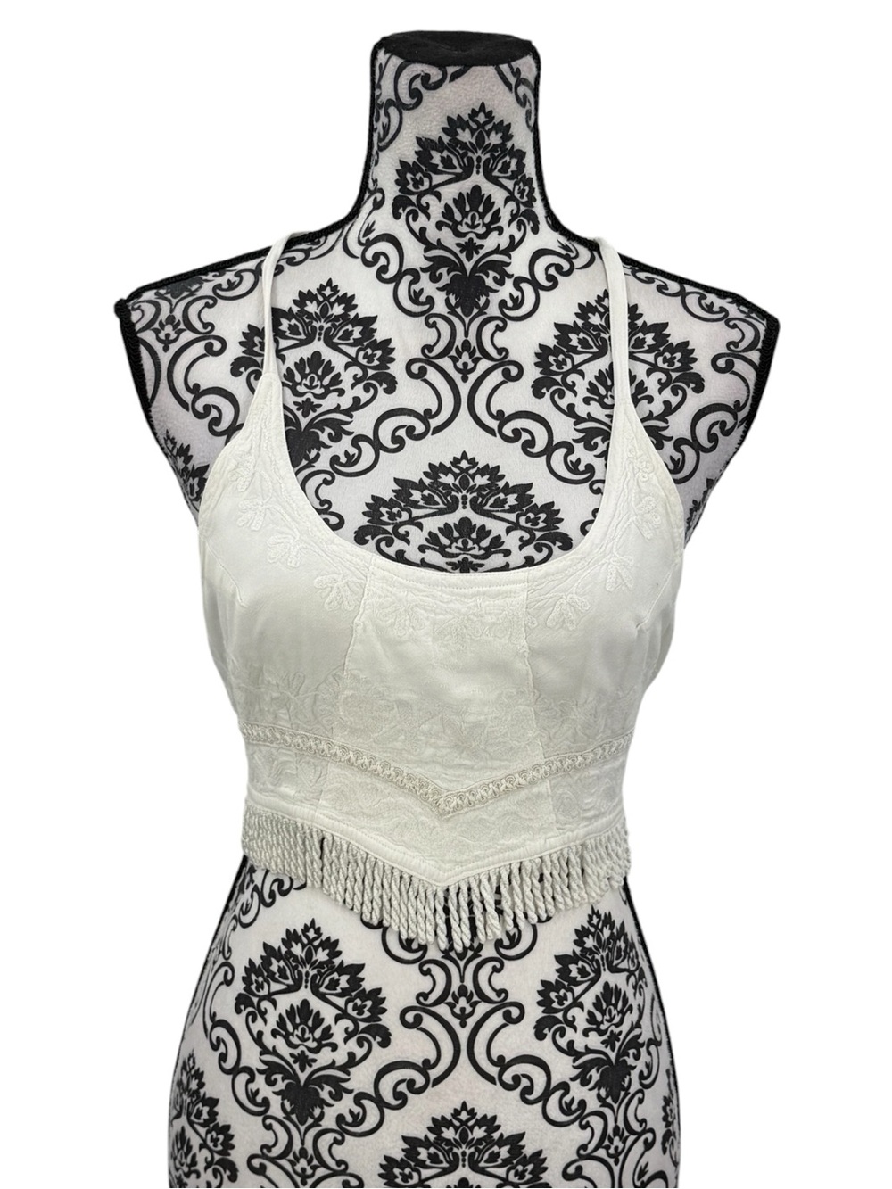 Vintage Boho Embroidered Fringe Halter Crop Top Ivory Festival Tie Back Western